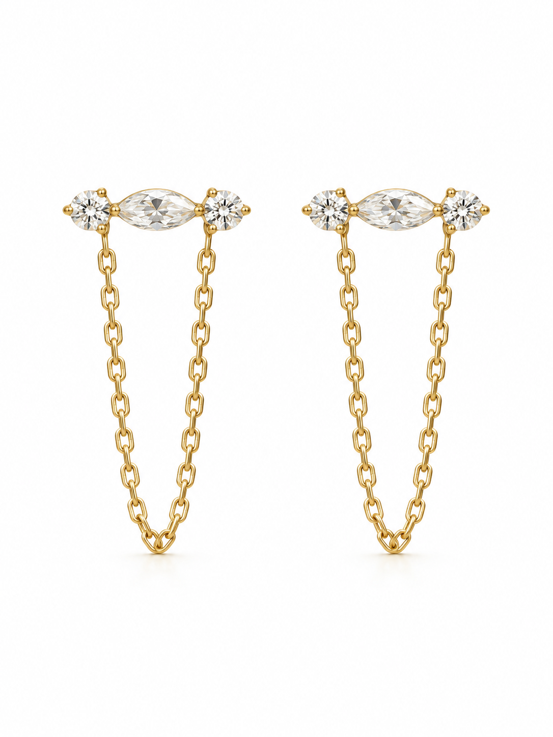 Crystal chain stud earrings on a clean white background