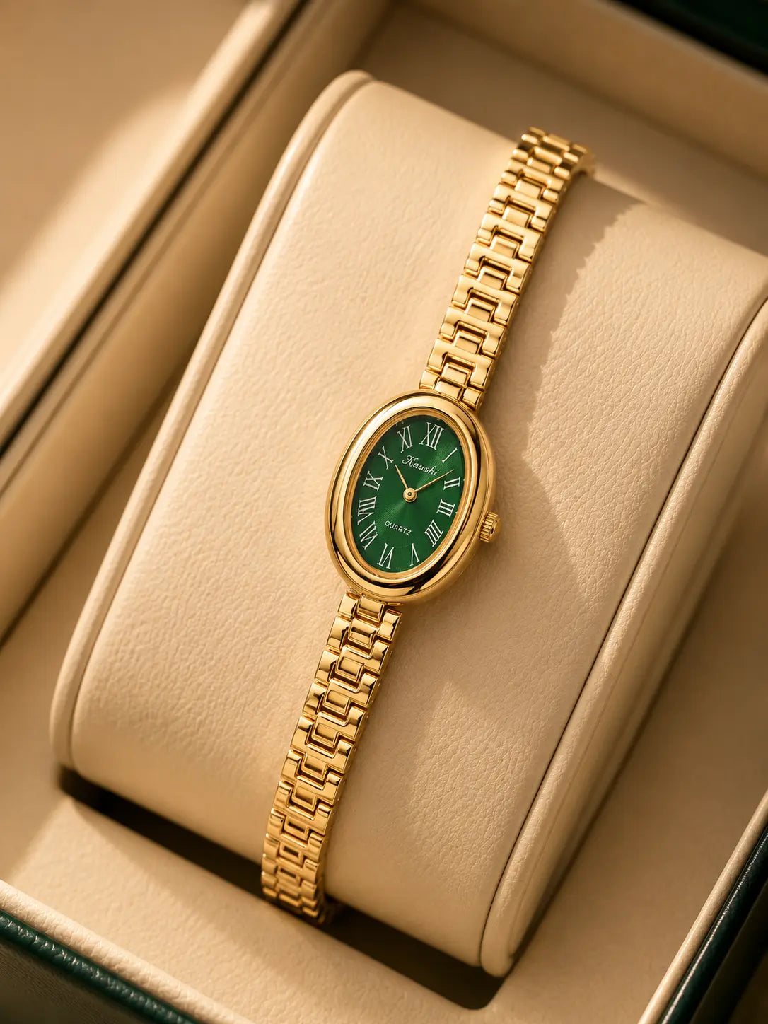 Emerald Elegance Oval Watch – Gold Accessorinetic