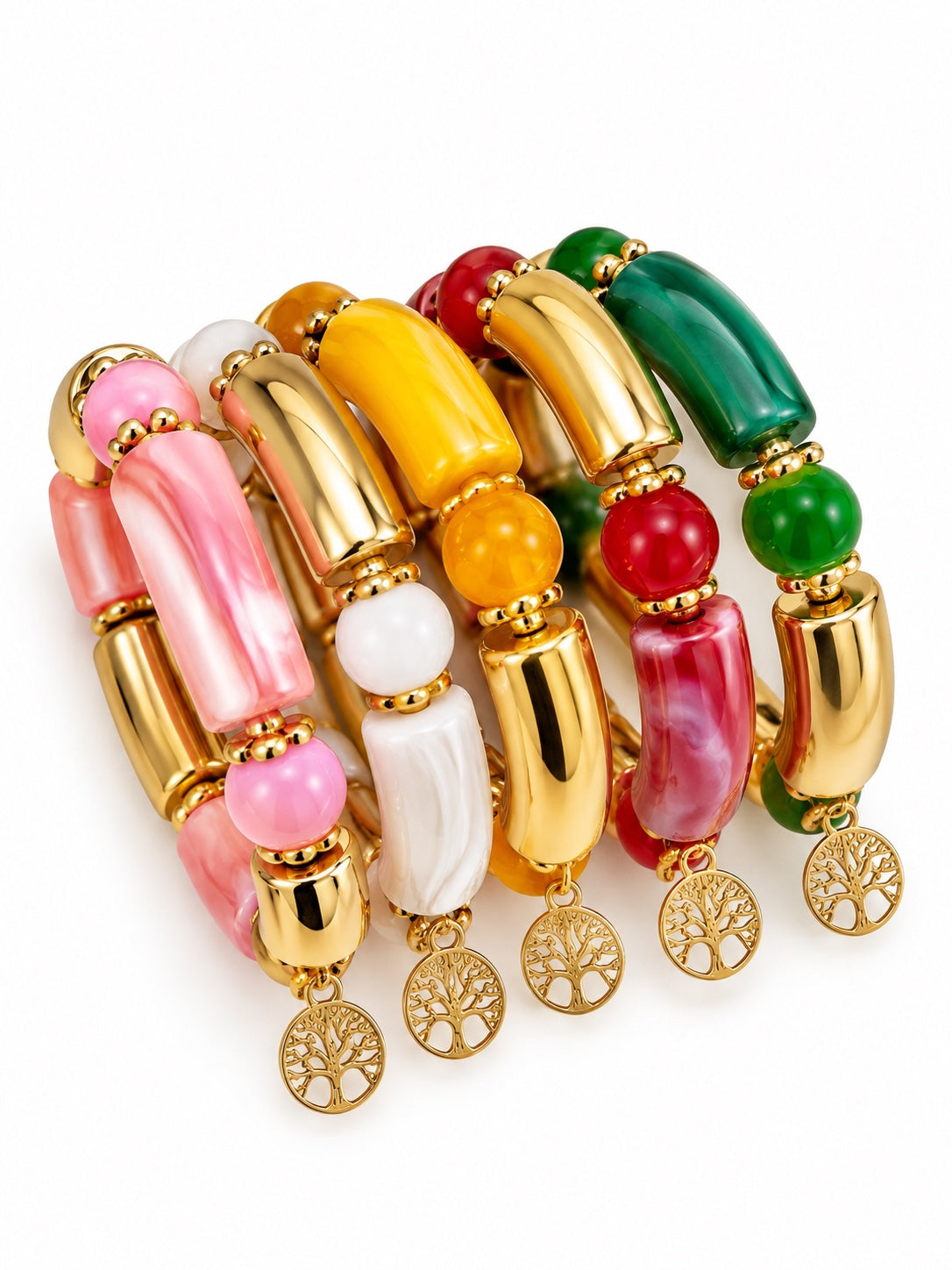 Five Tree of Life resin bangles arranged in a circle on a white background